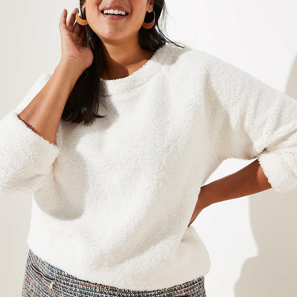 LOFT plus sherpa fleece pullover round neck sweatshirt, 16/18, white